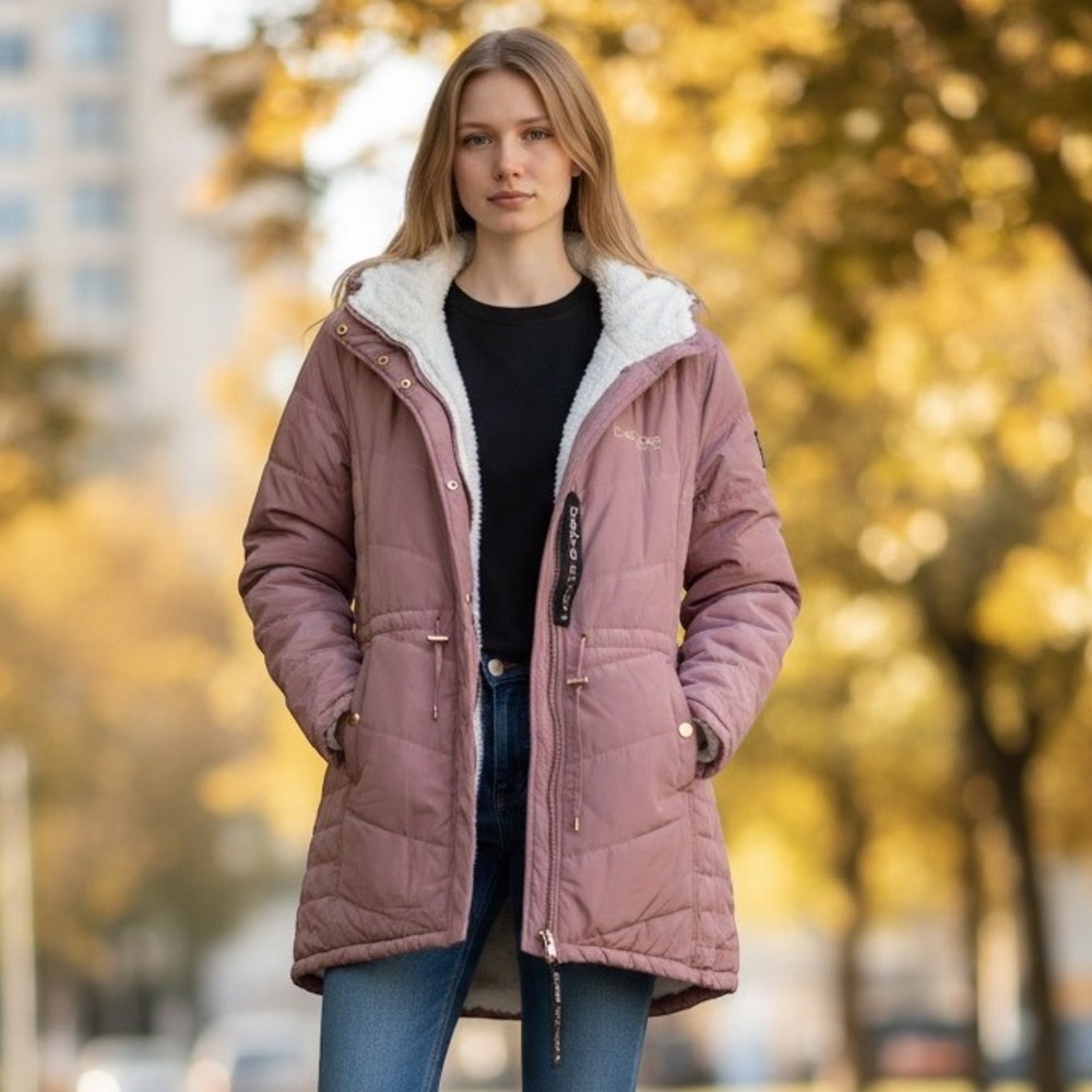 Bebe Sport Puffer Jacket Womens M Pink Mauve Faux Fur Hooded Parka Quilted Coat